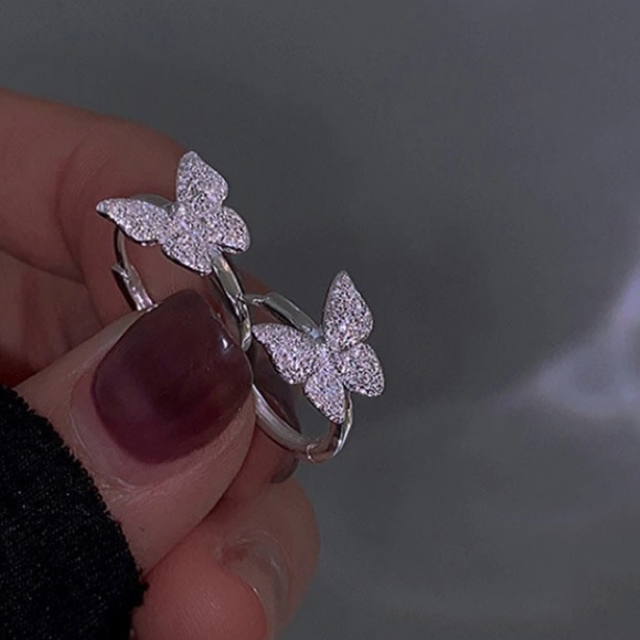 Sterling Silver  Shiny Matte Butterfly  Hoop Earrings Gorgeous Jewelry - Picture 2 of 4